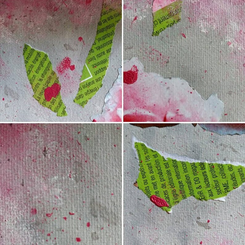 Painting of peonies mixed acrylic technical canvas and recovery of pink and green newspaper Peonies of Josephine,