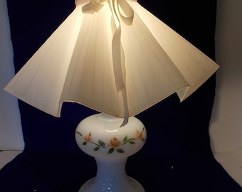 Small Milk Glass Lamp with Molded Soft Plastic Shade - Peach Flowers