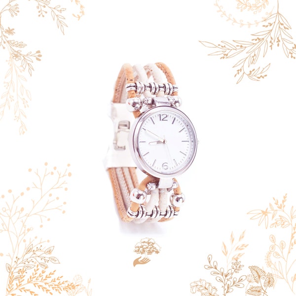 Montre en liège blanche et beige. Cuir végétal vegan friendly. Boutique YOK CORK