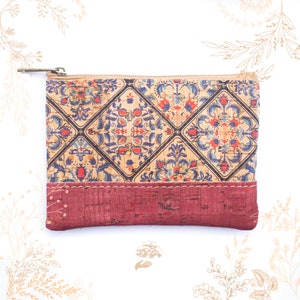 Porte-monnaie rouge bordeau en liège imprimé. Cuir végétal vegan friendly. Boutique YOK CORK