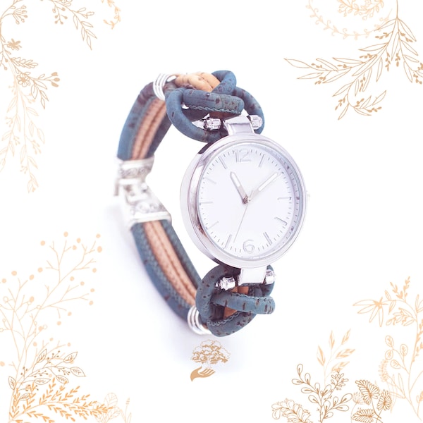 Montre en liège gris turquoise. Vegan friendly. Boutique YOK CORK