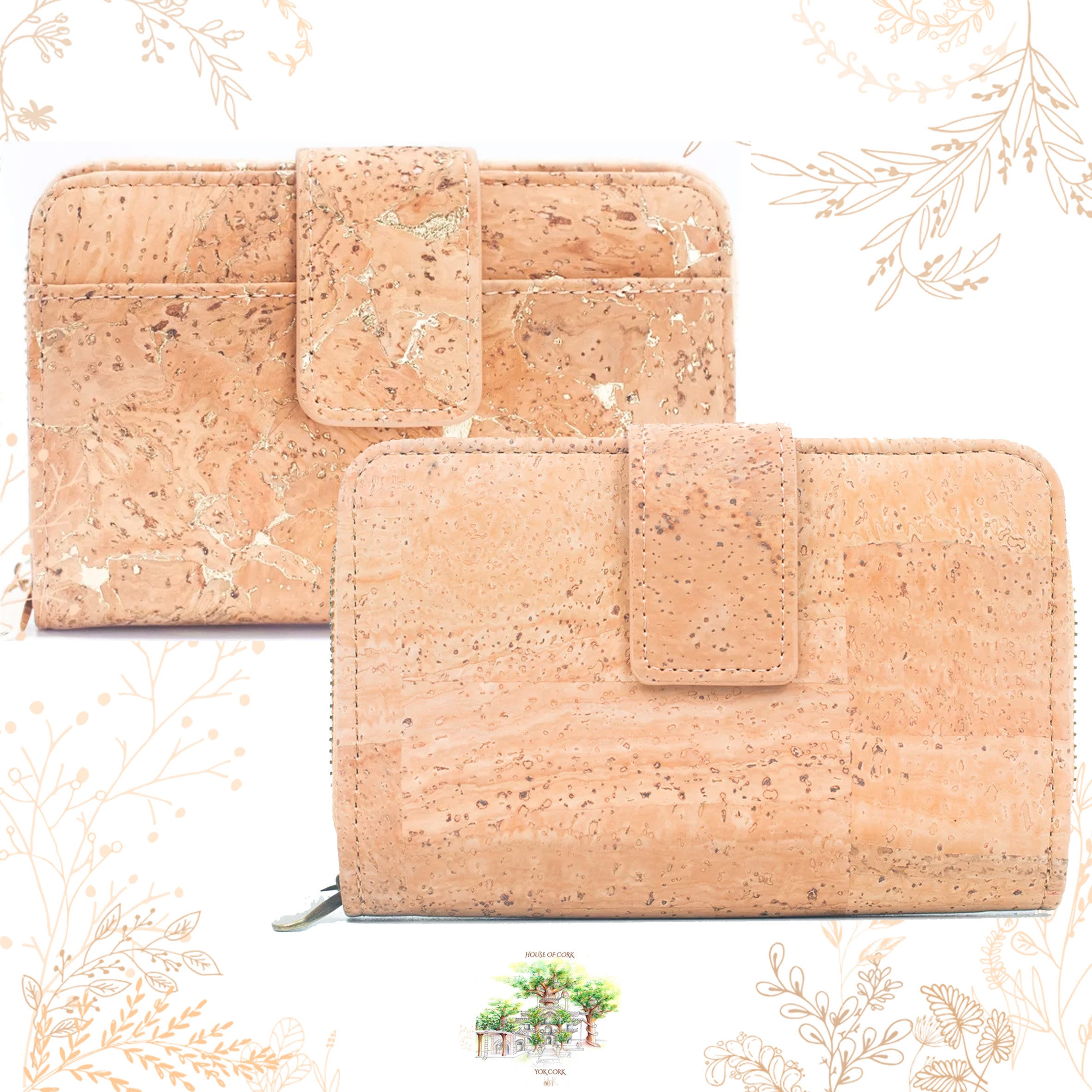 Wallet made from natural cork bark and golden chips. Vegan friendly. YOK CORK Shop