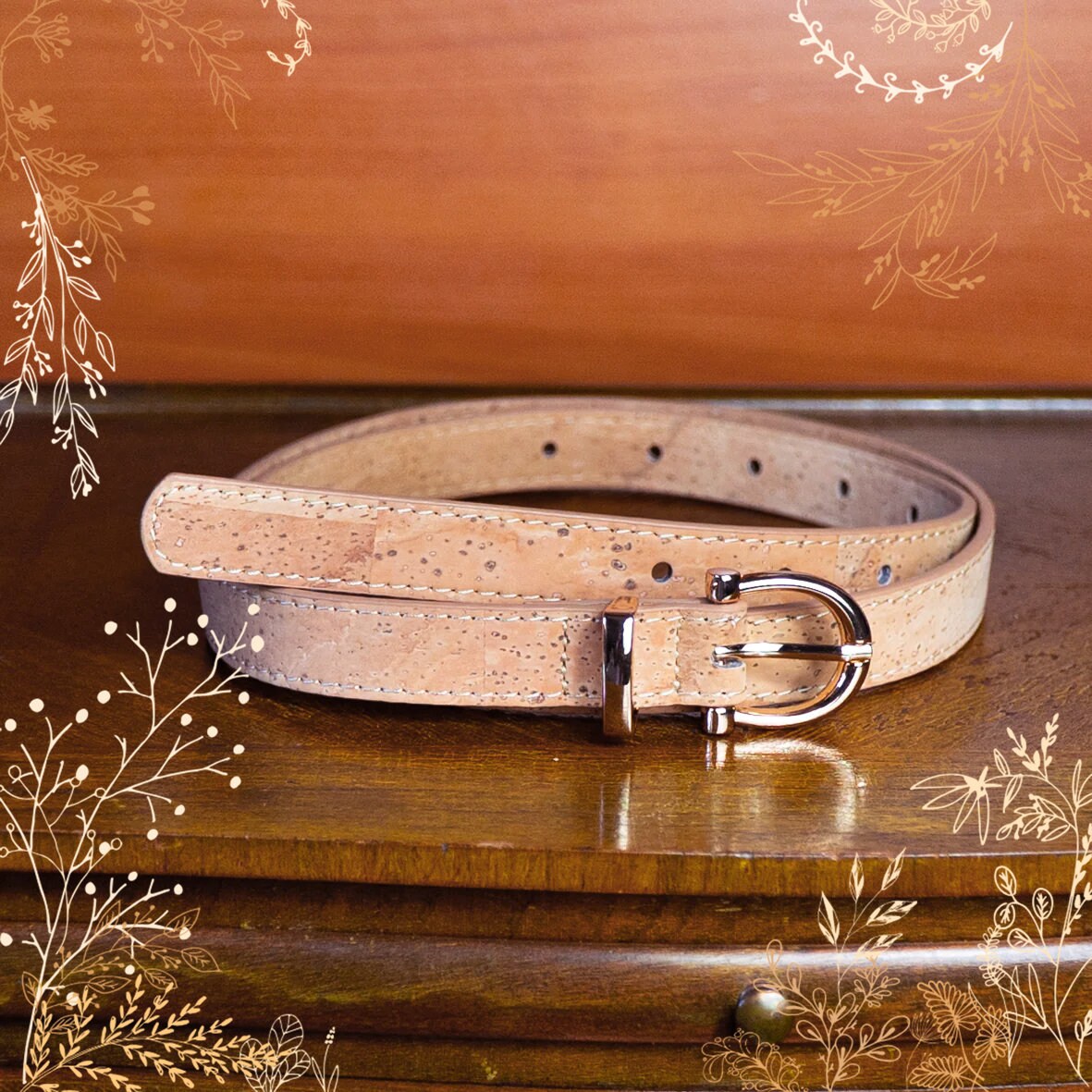 Thin Cork Belt With a Gold Buckle. Vegan-friendly. YOK CORK  display picture 3