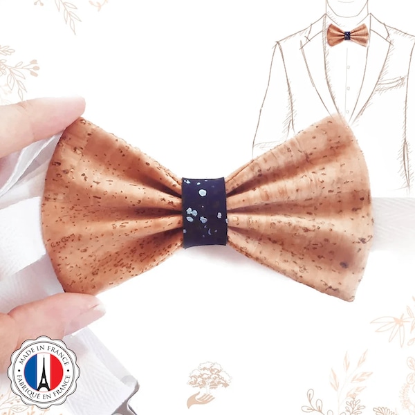 Noeud papillon beige et bleu en liège. Artisanat écoresponsable YOK CORK