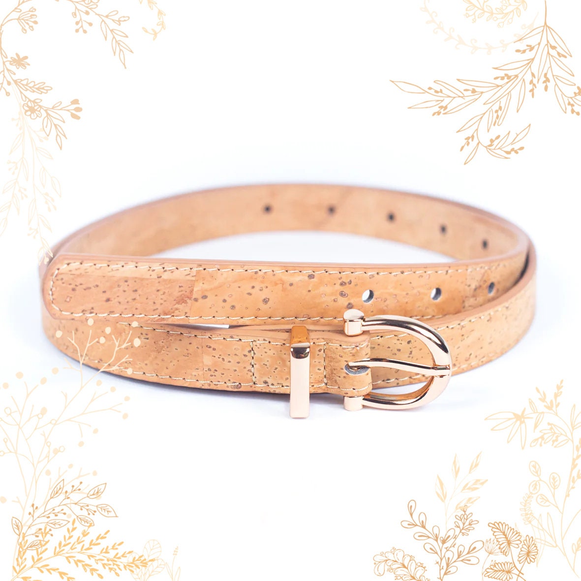 Slim Cork Belt with Nickel-Free Gold Buckle, Vegan, Lightweight Women main image 2