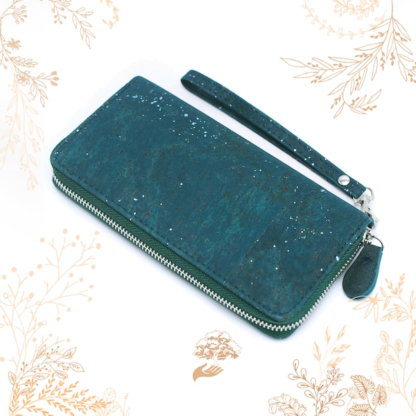 Wallet in dark turquoise tinted cork bark. Vegan friendly vegetable leather. YOK CORK Shop