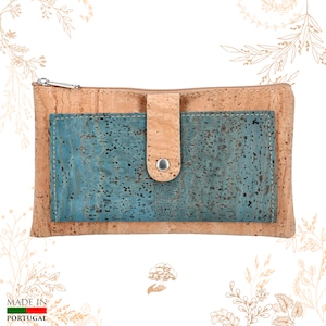 Portefeuille bleu clair en liège. Adapté au véganisme. Boutique YOK CORK