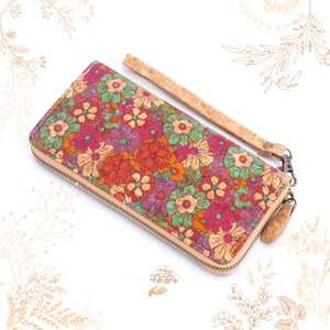 Portefeuille en liège imprimé fleurs. Adapté au véganisme. Boutique YOK CORK
