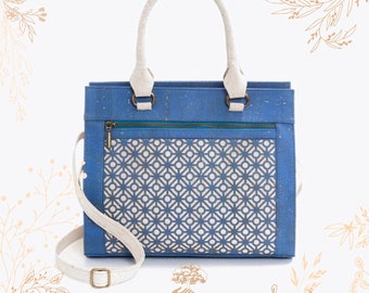 ARTELUSA blue and white cork bag. Suitable for veganism. YOKCORK