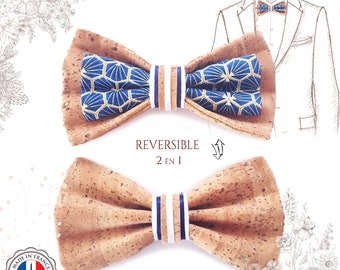 Blue reversible bow tie in cork and cotton. Wedding and occasions. YOK CORK eco-responsible craftsmanship.