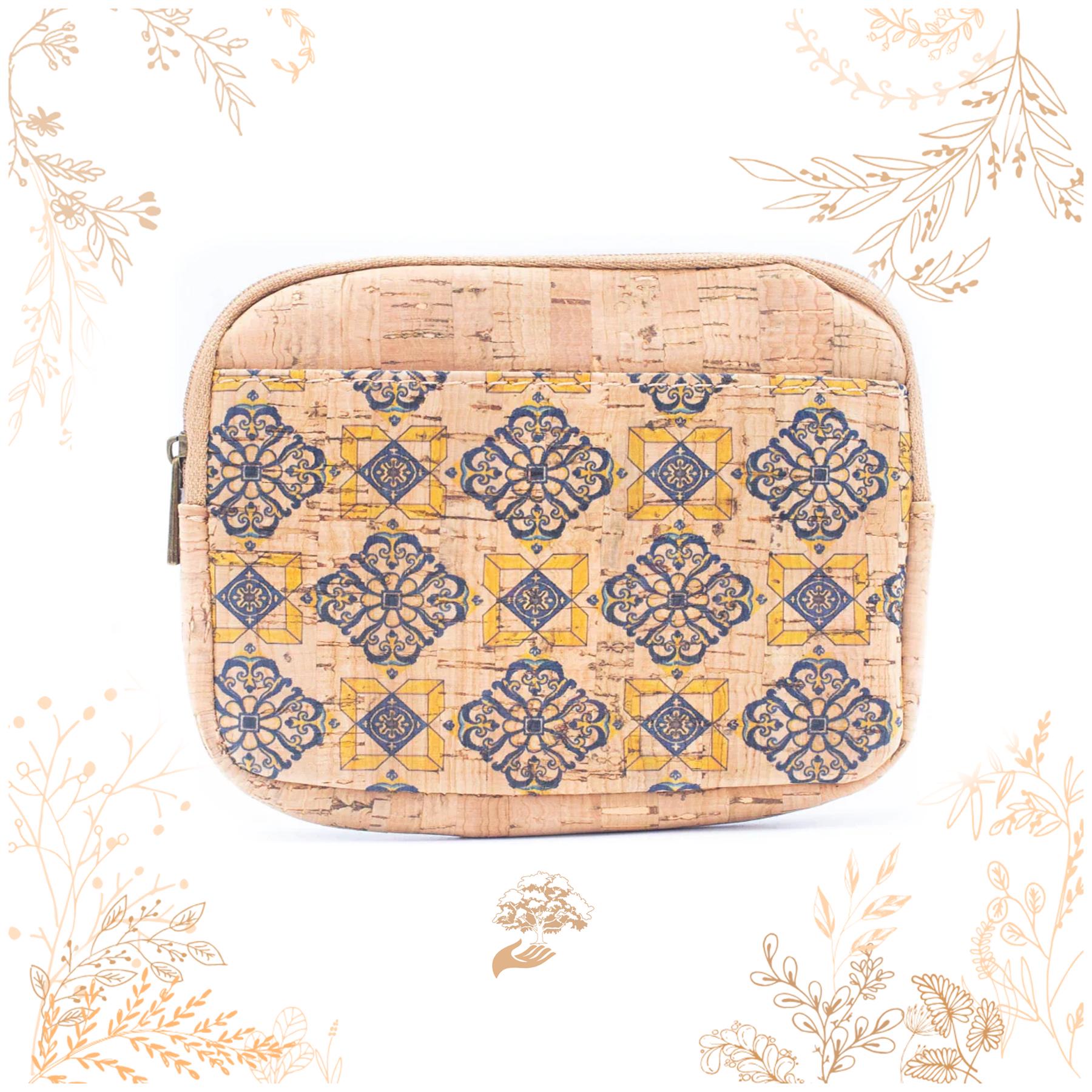 Large cork purse. Yellow and blue azulejo patterns. Vegan friendly. YOK CORK Shop