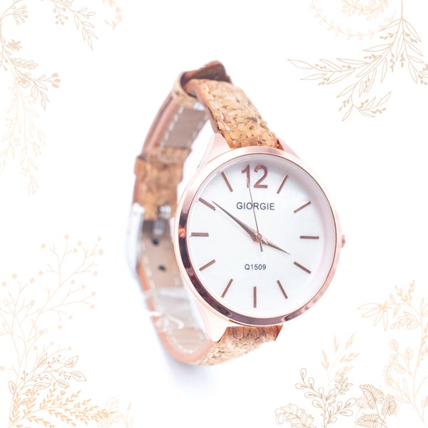 Montre en liège et acier inoxydable. Couleur or rose. Vegan friendly. Boutique YOK CORK