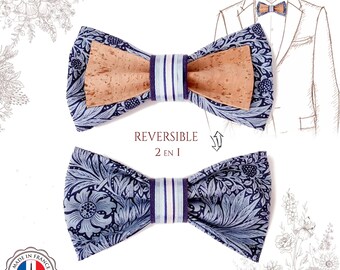 Reversible blue bow tie in cork and cotton. Ideal for a wedding. YOK CORK eco-responsible craftsmanship.