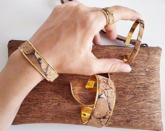 Brown cork and brass cuff bracelet. 24 carat gold flash. YOK CORK