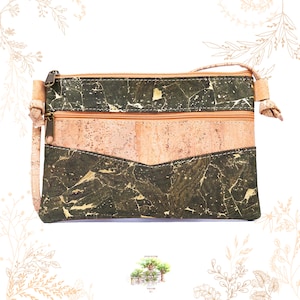 Petit sac vert kaki, beige et doré en liège. Adapté au véganisme. YOKCORK