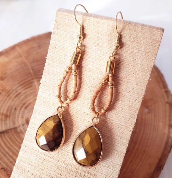 Tigers Eye and Cork Earring. Stainless Steel. Vegan Friendly. Shop