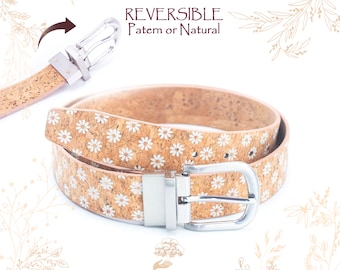 Ceinture femme réversible en liège. 2 en 1. Imprimé fleurs blanches. Cuir végétal vegan friendly. Boutique YOK CORK