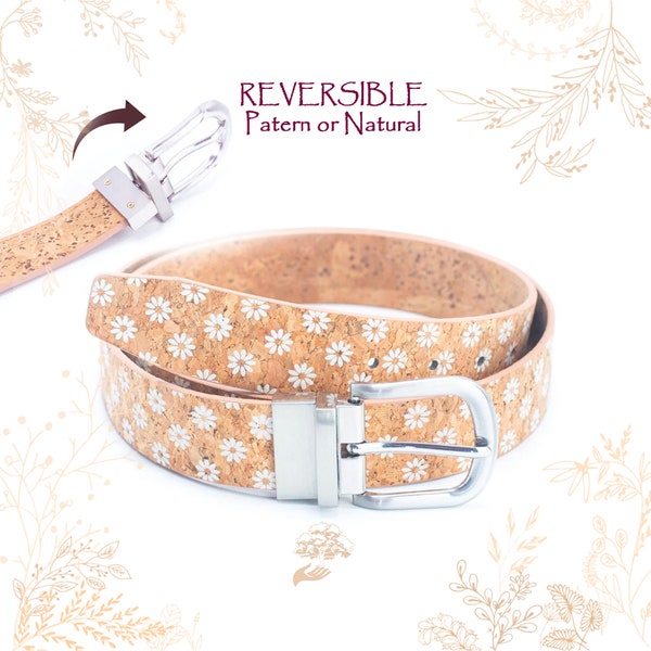 Ceinture femme réversible en liège. 2 en 1. Imprimé fleurs blanches. Cuir végétal vegan friendly. Boutique YOK CORK