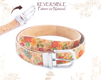 Ceinture réversible 2 en 1 en liège naturel pour femme. Imprimé fleurs. Vegan friendly. Boutique YOK CORK