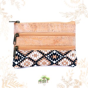 May include: A small cork and fabric zippered pouch with a black and white geometric pattern. The pouch has two zippers.
