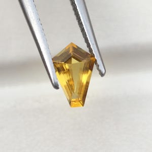 以下が含まれることがあります： 銀色の金属製ピンセットで保持された、ファセットカットが施された凧形の黄色い宝石。この石は、半透明の黄金色をしており、鋭い幾何学的なエッジと尖った底面が特徴で、精密にカットされた面を通して光を反射しています。