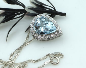 Beautiful Pendant! Natural AQUAMARINE Pendant Necklace AAA 3 Cts Gemstone, Halo Pendant with Chain, 925 Sterling Silver, Pendant For Gift
