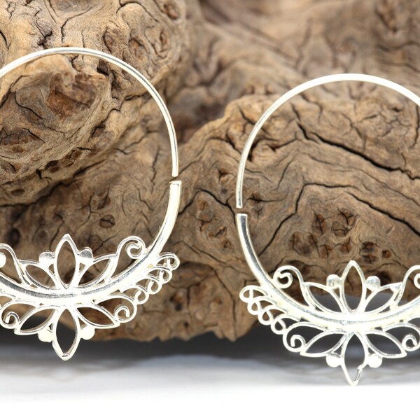 Brass Spiral Lotus Flower, Lotus Earrings, Silver Spirals, Silver Creoles, Lotus Flower Earrings, Silver Earrings, Lotus Earrings, Lotus