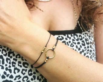 Fine bracelet with gold circle, bracelet with circle, friendship bracelet, brass bracelet, macrame bracelet with circle, black bracelet circle