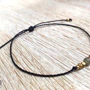 Fine bracelet with stone, labradorite stone, dainty adjustable bracelet, minimalist black bracelet, gemstone bracelet, pink stone