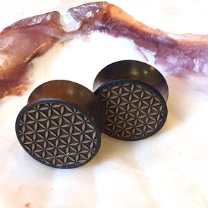 May include: A pair of wooden ear gauges with a geometric pattern. The gauges are brown with a black geometric design.