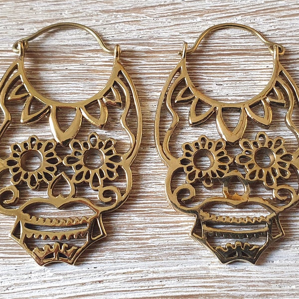 Mexikanische Totenopfohrringe aus Messing, goldene Totenköpfe Ohrringe, Totenkopfohrringe, Skull earrings, große Totenkopf Ohrringe gold