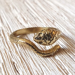 Könnte beinhalten: Ein goldener Schlangenring mit einem detaillierten, strukturierten Design. Die Schlange ist um den Ringband gewickelt und der Kopf zeigt nach oben.