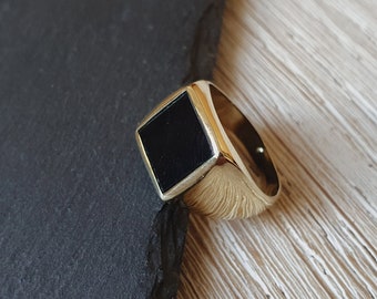 Brass signet ring, gold signet ring with black onyx, wide ring, signet ring with black, gold signet ring, brass signet ring