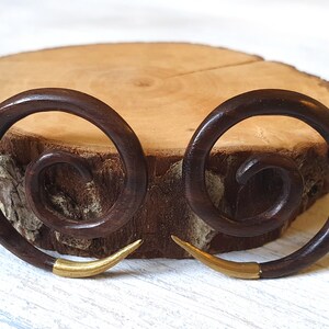 May include: A pair of brown wooden spiral earrings with gold accents. The earrings are displayed on a wooden surface.