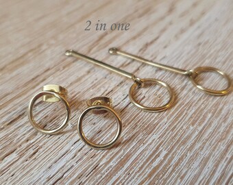Orecchini 2 in 1, orecchini a bottone rotondi, orecchini lunghi in ottone, orecchini a bottone rotondi, orecchini lunghi in oro