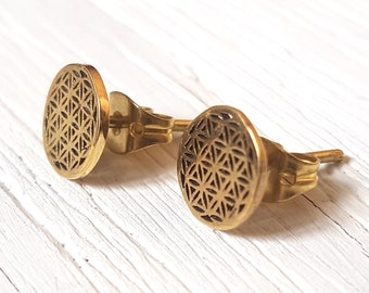 Small stud earrings, gold stud earrings, brass stud earrings, Flower of Life studs, round stud earrings, geometric stud earrings