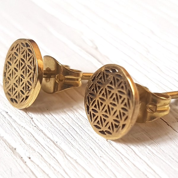 Small stud earrings, gold stud earrings, brass stud earrings, flower of life studs, flower of life earrings, round stud earrings, geometric stud earrings