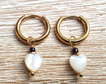 Small hoop earrings with hearts, gold hoop earrings, fine earrings, stainless steel hoop earrings, hoop earrings with shells, hoop earrings with hearts, heart earrings