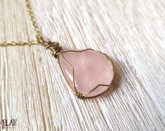 Rosenquarzkette, Halskette mit Rosenquarz, goldene Kette mit rosa Stein, Halskette mit Stein, Rosenquarz Kette, Rosenquarzkette, Steinkette