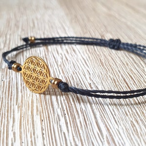 Dark grey bracelet with golden flower of life, mandala bracelet, filigree bracelet with gold-plated flower of life, Flower of Life, silver bracelet