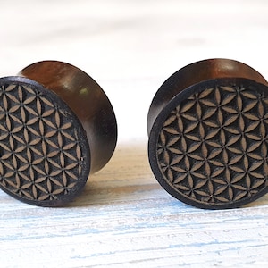May include: A pair of brown wooden ear gauges with a carved flower of life pattern.