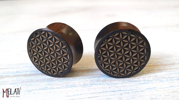 1x Holztunnel, Holzplugs, Holztunnel 22mm, Holzplugs 25mm, Lebensblume aus Holz, Plugs 22 25mm, Holzdehner, Holzstretcher, Flower of life
