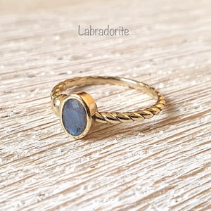Simple finger ring with stone, golden ring with gemstone, brass ring with labradorite, dainty ring with stone, golden ring moonstone