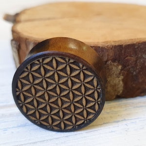 May include: A wooden ear gauge with a brown wood finish and a carved flower of life pattern.