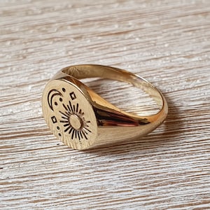 Brass signet ring sun moon and stars, wide golden ring with engraving, moon ring, wide ring with sun and moon, spiritual ring