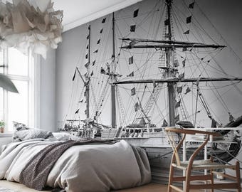 Black and White Ship Wall Covering, Removable Wallpapers, Self Adhesive, Reusable, Wall mural, Peel And Stick, Classic, Old Mural #105