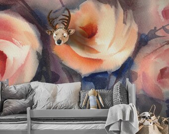 Orange Roses Bouquet Peel and stick Wallpaper, Wall Covering, Removable Wallpaper, Wall Decor, Garden, Floral Painting, Watercolor #41