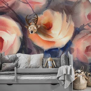 Orange Roses Bouquet Peel and stick Wallpaper, Wall Covering, Removable Wallpaper, Wall Decor, Garden, Floral Painting, Watercolor #41