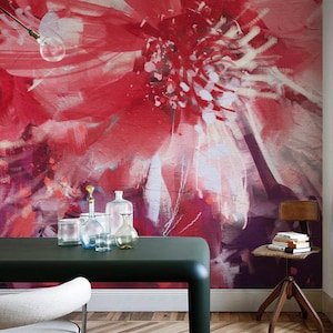 Red Flowers Removable Wallpaper, Nature Mural, Floral Painting, Flowers, Meadow, Peel And Stick, Self Adhesive, Wall decor, Wall Decal #46