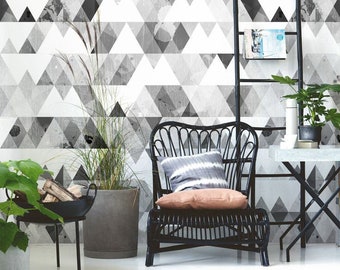 Grey Traingles Wall Covering, Triangles Wallpaper, Traditional, Geometry Mural, Peel and Stick, Self Adhesive, Black and white Pattern #122
